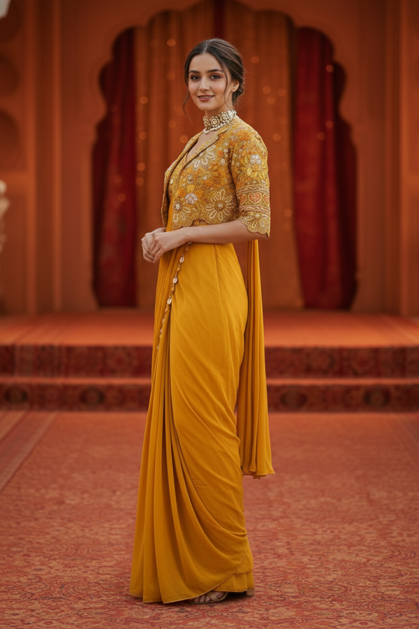 Premium Ready-to-Wear Crepe Silk Saree with Embroidery Work and Lace Border