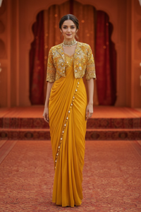 Premium Crepe Silk Ready-to-Wear Saree with intricate embroidery work and elegant lace border