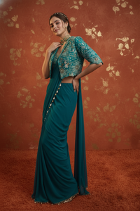 Premium Crepe Silk Ready-to-Wear Saree with intricate embroidery work and elegant lace border