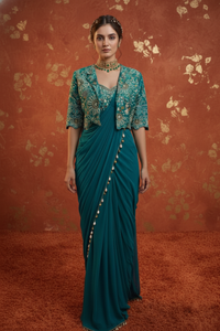 Premium Crepe Silk Ready-to-Wear Saree with intricate embroidery work and elegant lace border