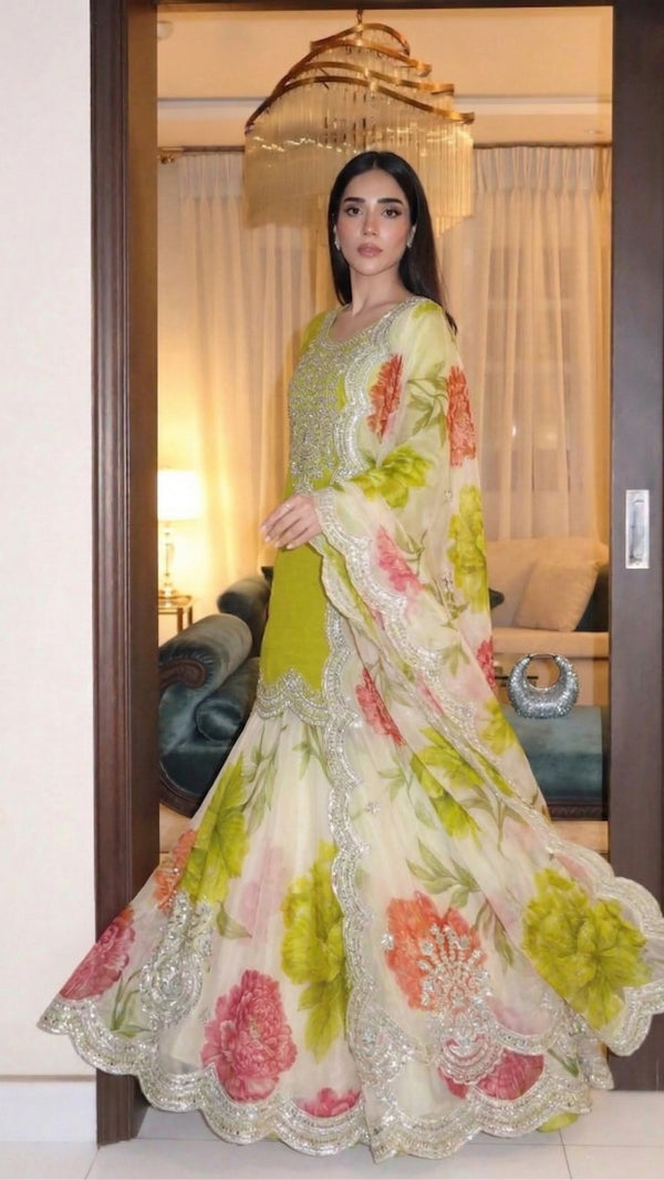 Embroidered Chinon Palazzo Set for Women with Embroidery Sequence Work