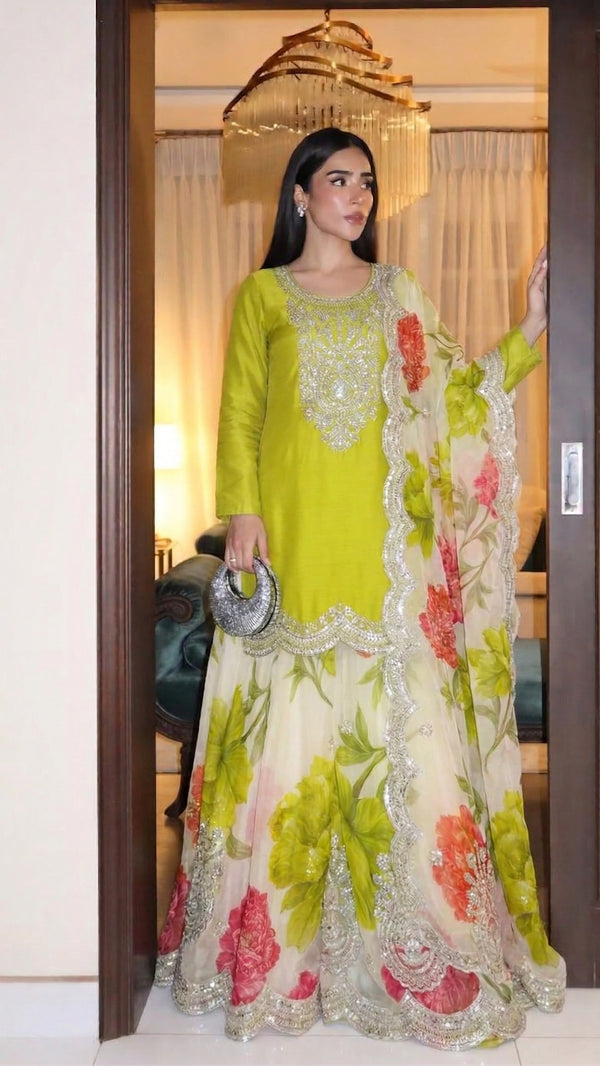 Embroidered Chinon Palazzo Set for Women with Embroidery Sequence Work