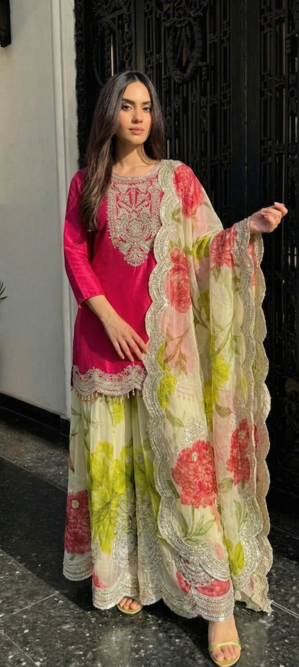 Embroidered Chinon Palazzo Set for Women with Embroidery Sequence Work