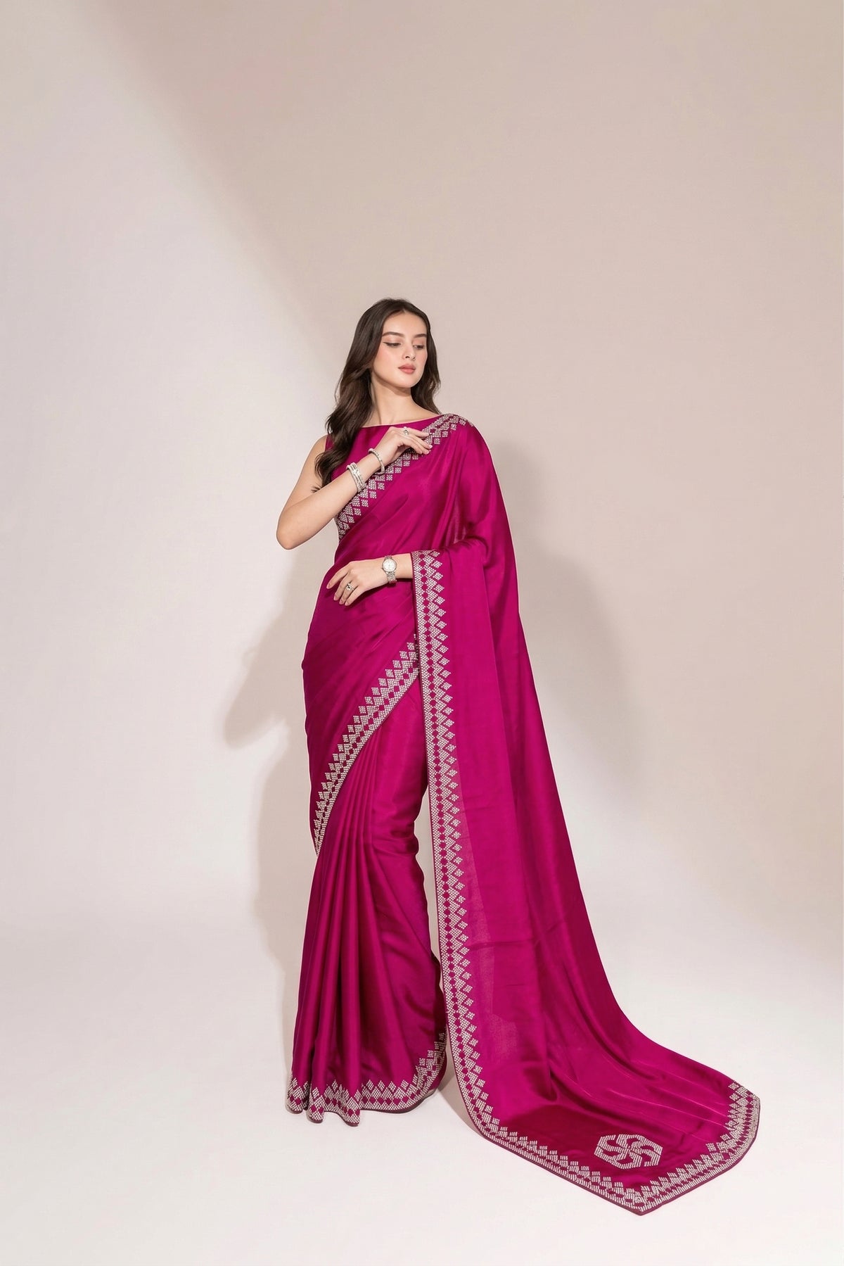 Soft Shimmer Silk Swarovski Saree and Diamond Work with Lace Design