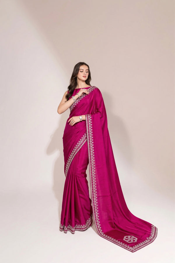 Soft Shimmer Silk Swarovski Saree and Diamond Work with Lace Design