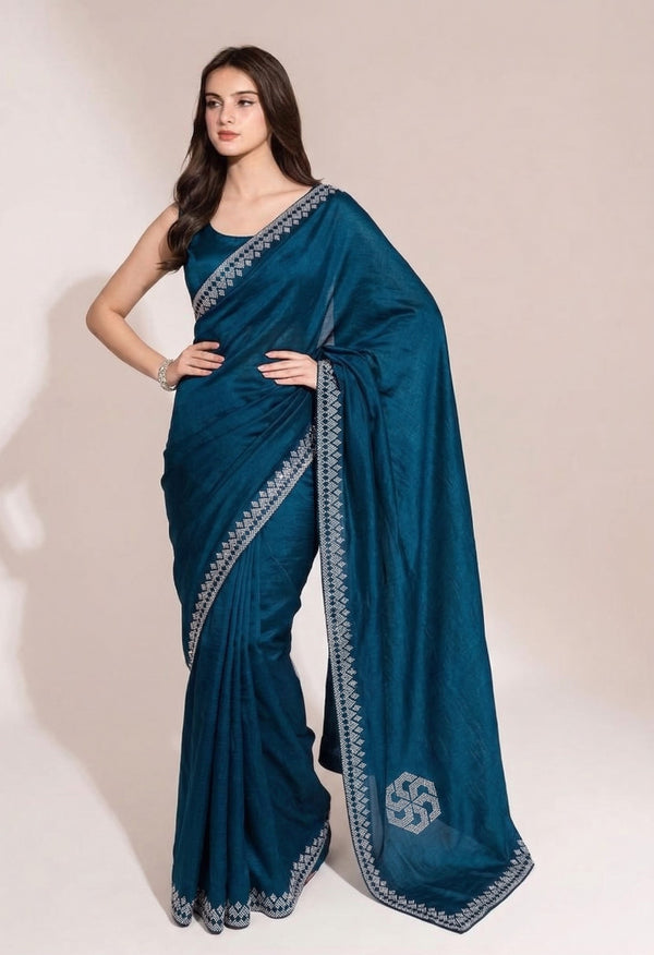 Soft Shimmer Silk Swarovski Saree and Diamond Work with Lace Design
