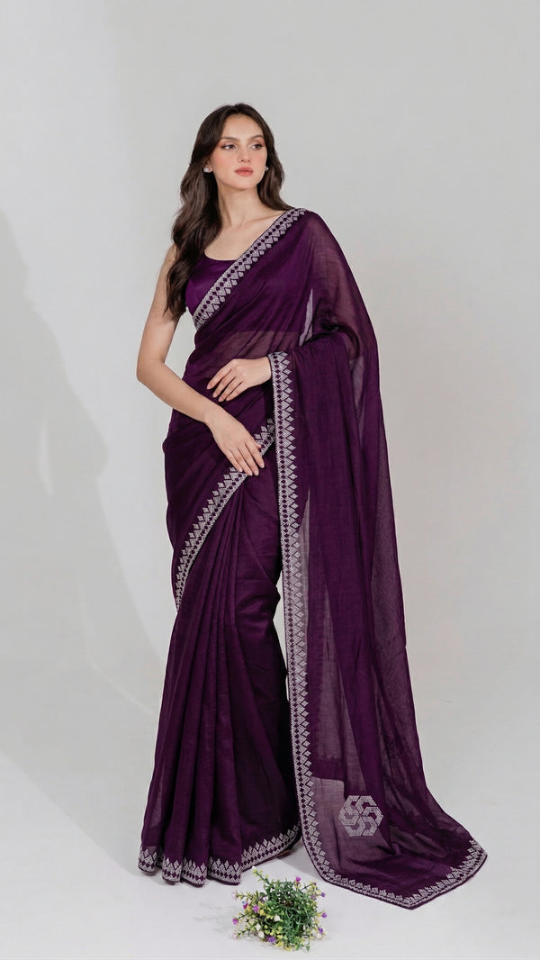 Soft Shimmer Silk Swarovski Saree and Diamond Work with Lace Design