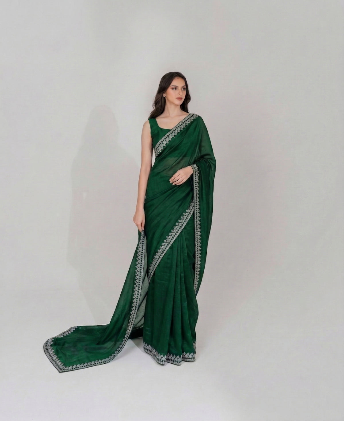 Soft Shimmer Silk Swarovski Saree and Diamond Work with Lace Design