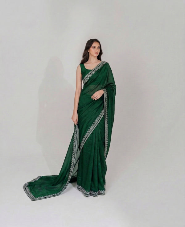 Soft Shimmer Silk Swarovski Saree and Diamond Work with Lace Design