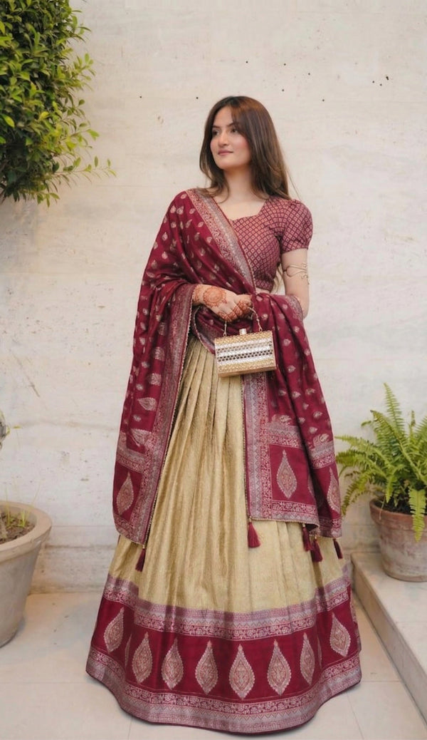 Kanchipuram Silk Pattu Lehenga Set with  Silver Zari Weaving Butti Work