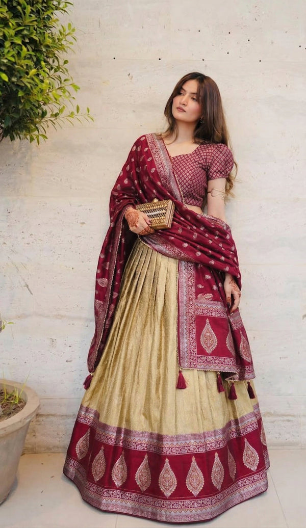 Kanchipuram Silk Pattu Lehenga Set with  Silver Zari Weaving Butti Work