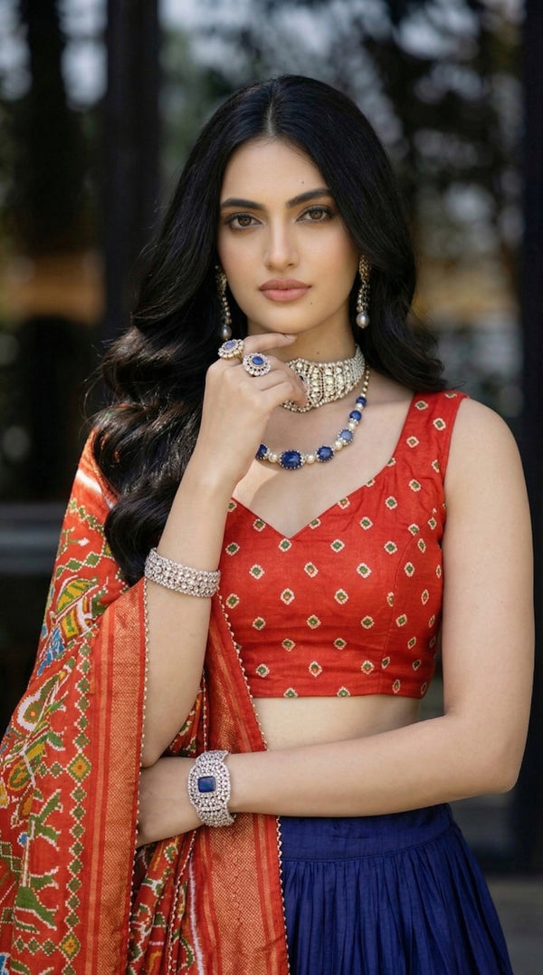 Traditional Patola Paithani Dola Silk Lehenga Print with Foil Work & Gotta Patti Lace Border with Tassels