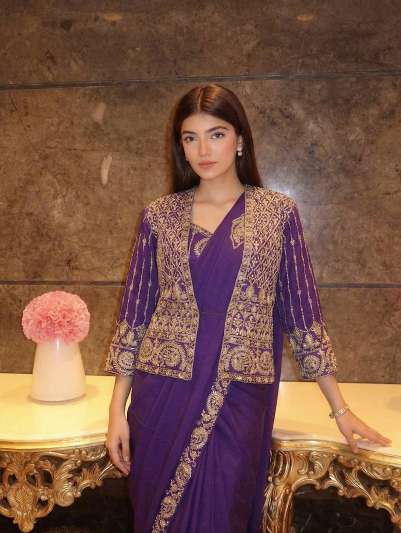 Elegant Embroidered Crepe Silk Saree Set with  Sequins Lace Work