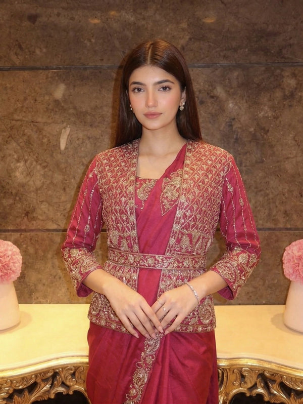 Elegant Embroidered Crepe Silk Saree Set with  Sequins Lace Work