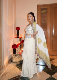 Elegant Crepe Silk Indo-Western Dhoti Set with intricate embroidery, sequins, real mirror work & Bandhani Dupatta.