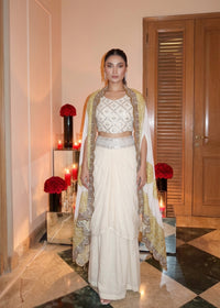 Elegant Crepe Silk Indo-Western Dhoti Set with intricate embroidery, sequins, real mirror work & Bandhani Dupatta.