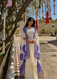 Elegant Crepe Silk Indo-Western Dhoti Set with intricate embroidery, sequins, real mirror work & Bandhani Dupatta.