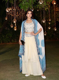 Elegant Crepe Silk Indo-Western Dhoti Set with intricate embroidery, sequins, real mirror work & Bandhani Dupatta.