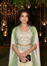 Elegant Crepe Silk Indo-Western Dhoti Set with intricate embroidery, sequins, real mirror work & Bandhani Dupatta.