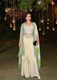 Elegant Crepe Silk Indo-Western Dhoti Set with intricate embroidery, sequins, real mirror work & Bandhani Dupatta.