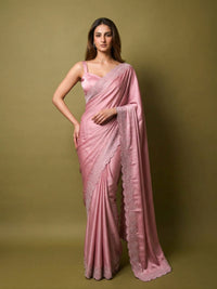 Full-length view of a model draped in a Luxe Hollywood Satin Saree with a complementary Banglori blouse featuring intricate running Jarkan lace.