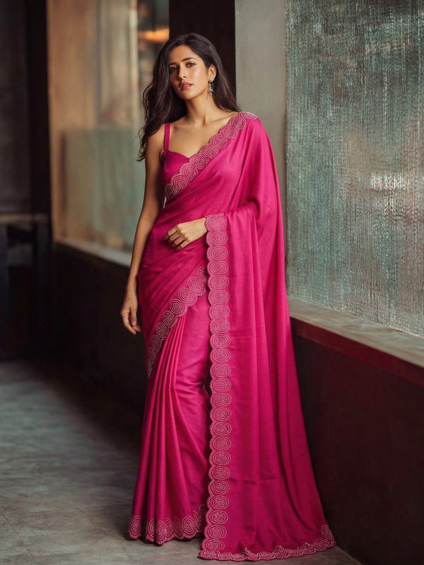 Luxe Hollywood Satin Saree with Satin Banglori Running Jarkan Lace Blouse