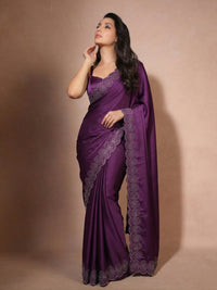 Full-length view of a model draped in a Luxe Hollywood Satin Saree with a complementary Banglori blouse featuring intricate running Jarkan lace.