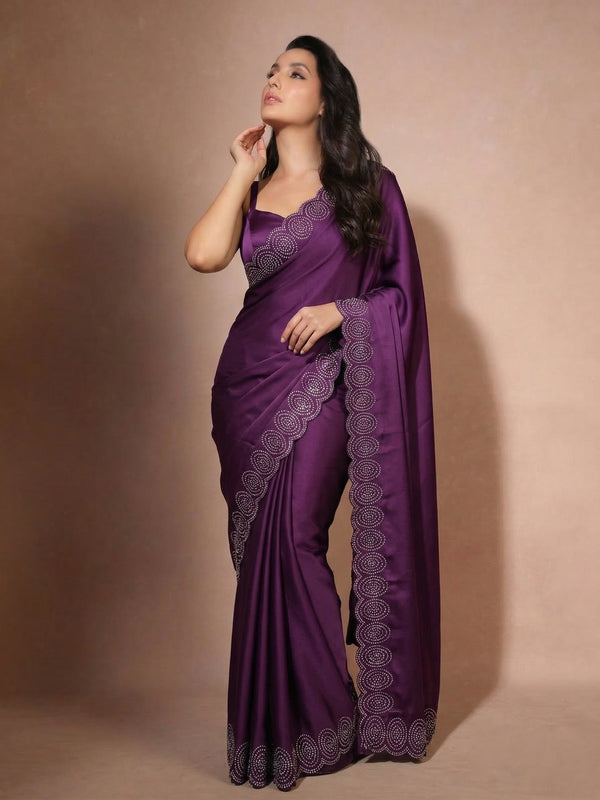 Luxe Hollywood Satin Saree with Satin Banglori Running Jarkan Lace Blouse