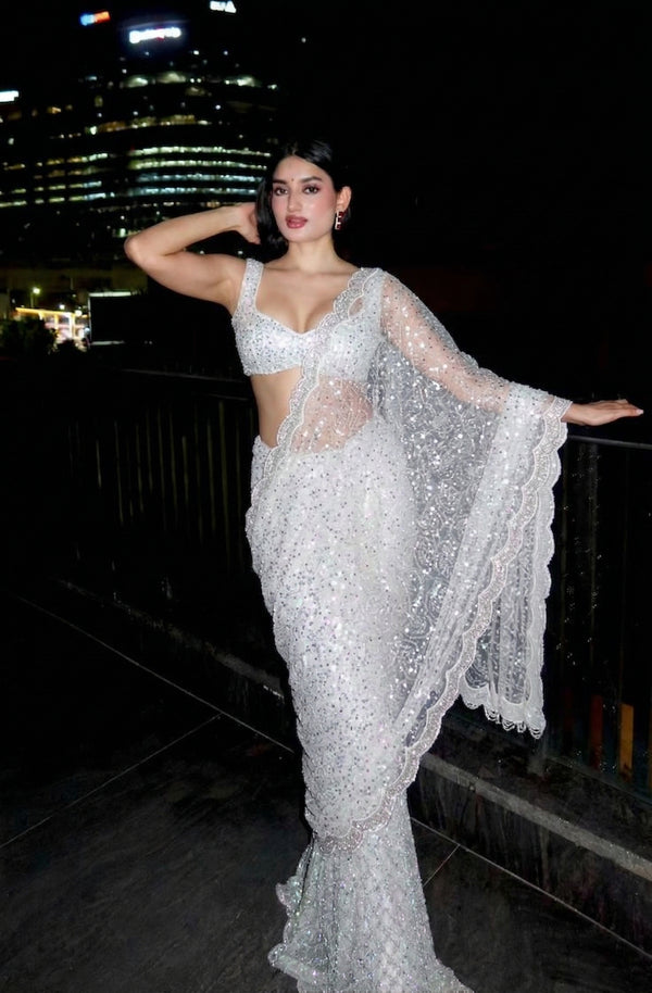 Designer Net Saree with Beads & Sequins Work