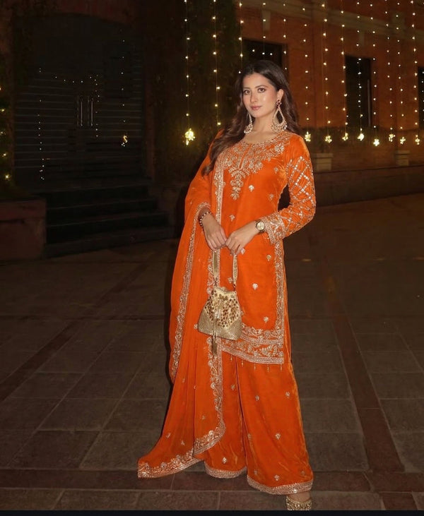 Faux Georgette Thread & Sequins Embroidered 3-Piece Suit Set