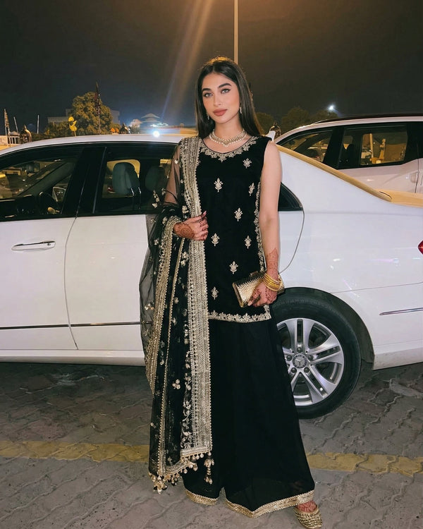 Faux Georgette Thread & Sequins Embroidered 3-Piece Suit Set