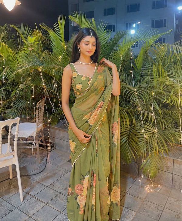 Printed Georgette Saree with Pearl Lace Border
