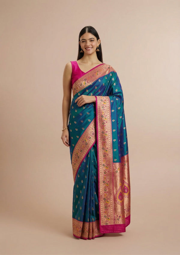 Soft Paithani Silk Zari Weaving Meenakari Designer Saree