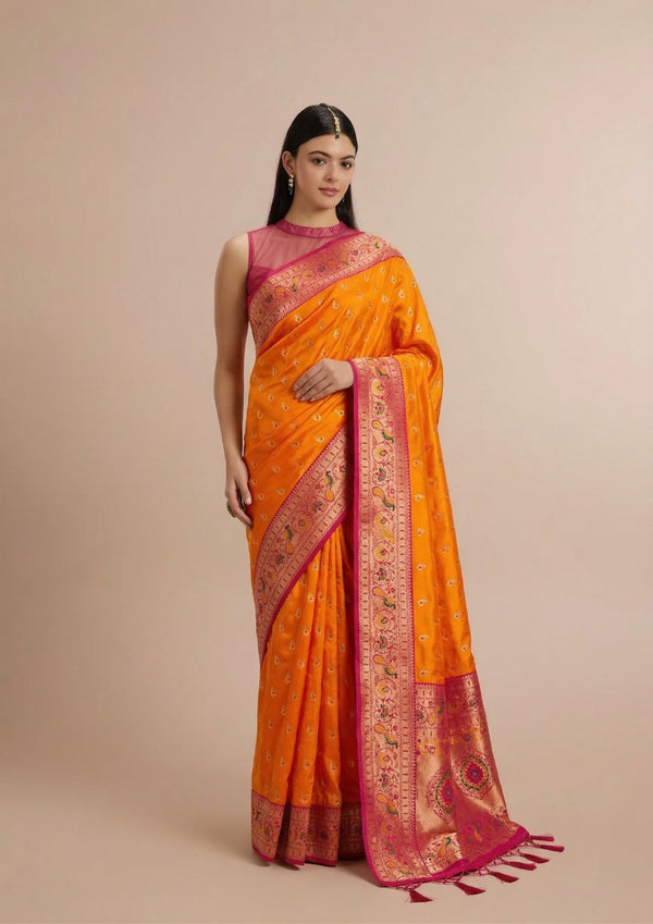 Soft Paithani Silk Zari Weaving Meenakari Designer Saree