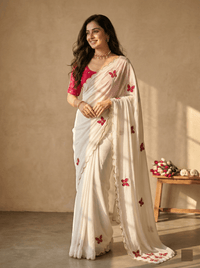 Close-up of an elegant butterfly handwork saree with intricate embroidery details, showcased on a mannequin.