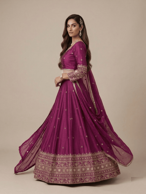 Deep Meganta Satin Sequence Work Lehenga Set Antique Gold Embroidery & Border