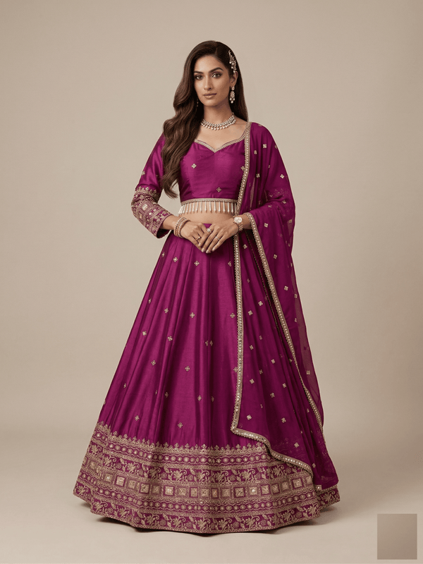 Deep Meganta Satin Sequence Work Lehenga Set Antique Gold Embroidery & Border