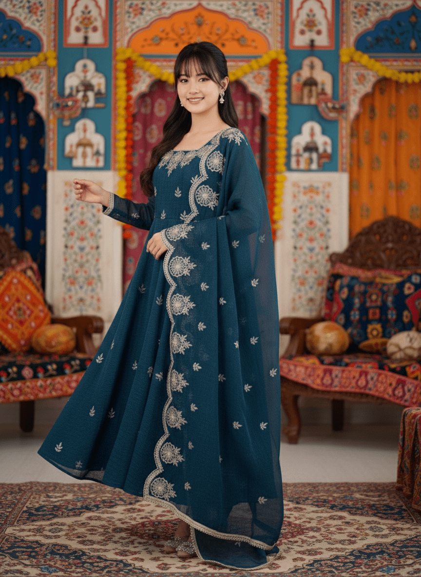 Elegant Embroidered Sequence Designer Anarkali Three Piece Set with  Embroidery Sequence Work