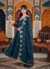 Elegant embroidered Anarkali three-piece set featuring intricate sequence work on a designer ethnic outfit.