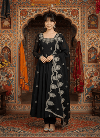 Elegant embroidered Anarkali three-piece set featuring intricate sequence work on a designer ethnic outfit.