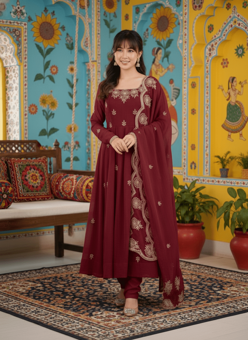 Elegant Embroidered Sequence Designer Anarkali Three Piece Set with  Embroidery Sequence Work