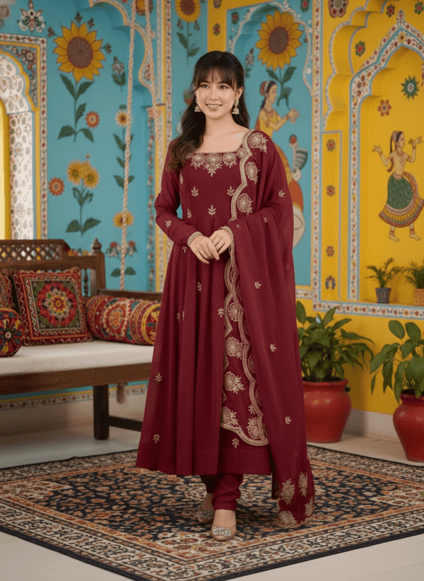 Elegant Embroidered Sequence Designer Anarkali Three Piece Set with  Embroidery Sequence Work