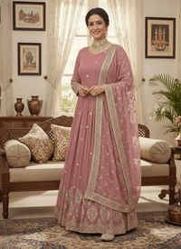 Elegant embroidered sequence designer Anarkali suit with heavy work on blouse, flowing silhouette, and faux georgette dupatta.