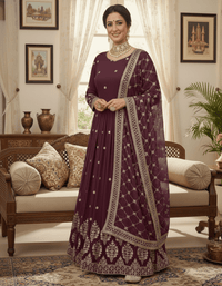 Elegant embroidered sequence designer Anarkali suit with heavy work on blouse, flowing silhouette, and faux georgette dupatta.