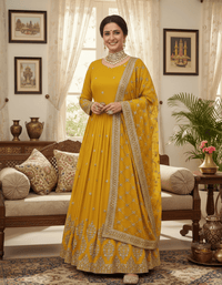 Elegant embroidered sequence designer Anarkali suit with heavy work on blouse, flowing silhouette, and faux georgette dupatta.