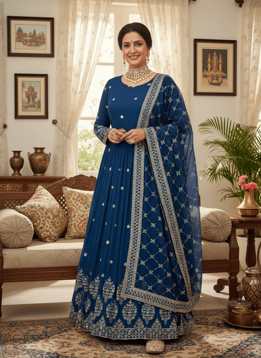 Elegant Embroidered Sequence Designer Anarkali with Heavy Embroidery Sequence Work on blouse and Heavy Faux Georgette Dupatta