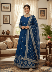 Elegant embroidered sequence designer Anarkali suit with heavy work on blouse, flowing silhouette, and faux georgette dupatta.