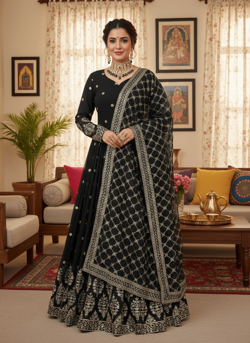 Elegant Embroidered Sequence Designer Anarkali with Heavy Embroidery Sequence Work on blouse and Heavy Faux Georgette Dupatta