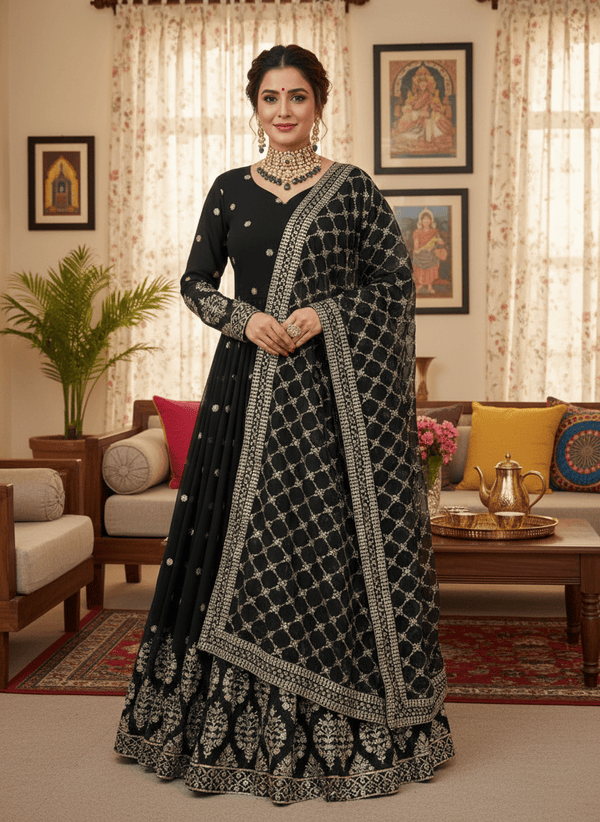 Elegant Embroidered Sequence Designer Anarkali with Heavy Embroidery Sequence Work on blouse and Heavy Faux Georgette Dupatta