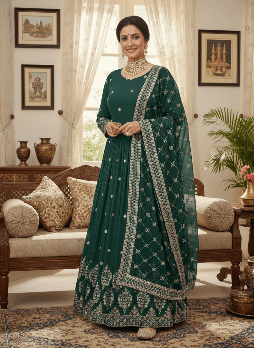 Elegant Embroidered Sequence Designer Anarkali with Heavy Embroidery Sequence Work on blouse and Heavy Faux Georgette Dupatta